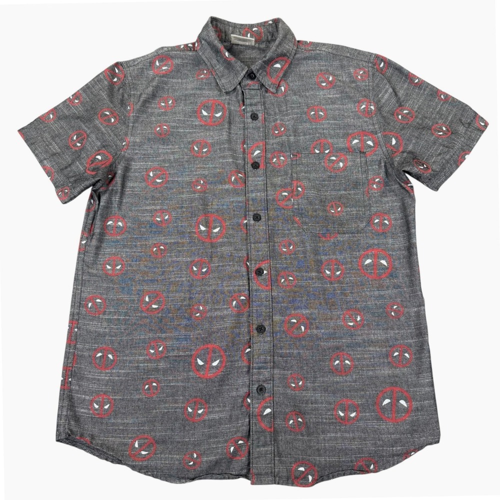 Marvel Deadpool Kids Small Gray Button Up Shirt All Over Print Short Sleeve AOP
